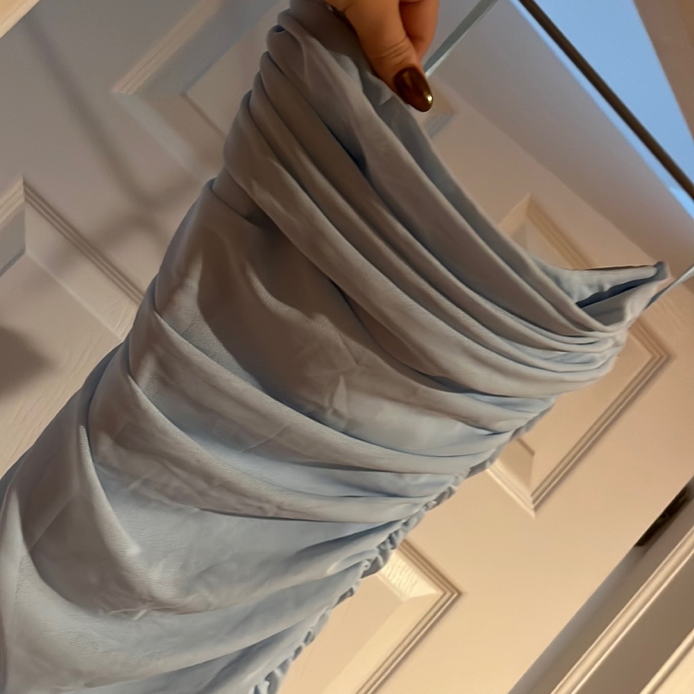 baby blue body con maxi strapless dress